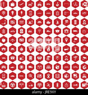 100 navigation icons hexagon red Stock Vector