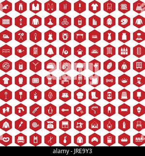 100 needlework icons hexagon red Stock Vector
