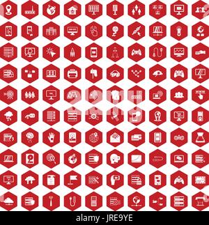 100 network icons hexagon red Stock Vector