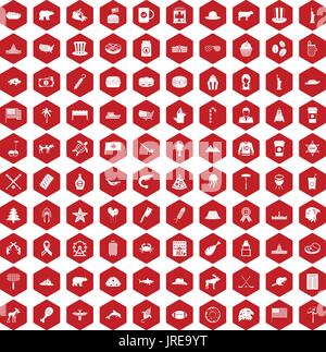 100 North America icons hexagon red Stock Vector