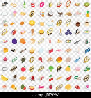 100 delicious icons set, isometric 3d style Stock Vector