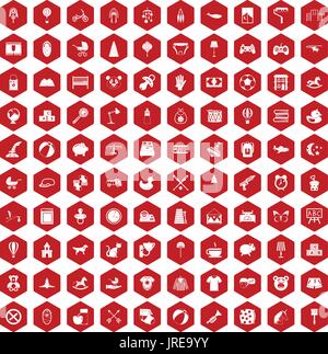 100 nursery icons hexagon red Stock Vector