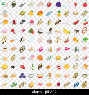 100 delicious dishes icons set, isometric 3d style Stock Vector