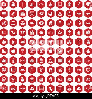100 nursery school icons hexagon red Stock Vector