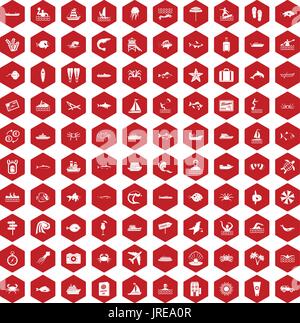 100 ocean icons hexagon red Stock Vector