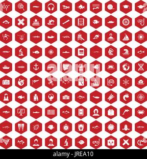 100 oceanologist icons hexagon red Stock Vector