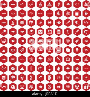 100 oceanology icons hexagon red Stock Vector