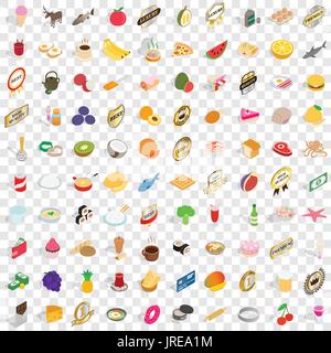 100 dishes icons set, isometric 3d style Stock Vector