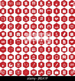 100 office icons hexagon red Stock Vector
