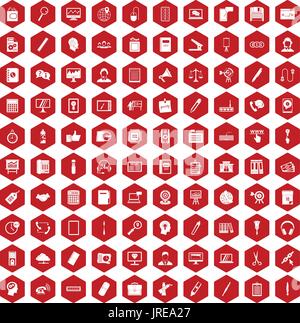 100 office work icons hexagon red Stock Vector