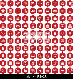 100 online shopping icons hexagon red Stock Vector