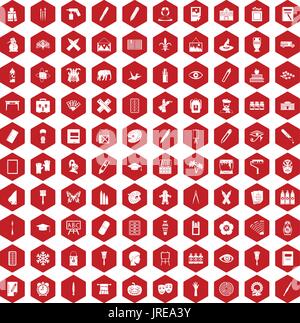 100 paint school icons hexagon red Stock Vector