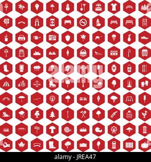 100 park icons hexagon red Stock Vector