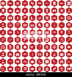 100 passport icons hexagon red Stock Vector