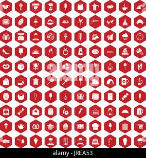 100 patisserie icons hexagon red Stock Vector