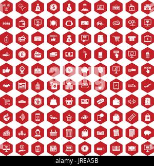 100 payment icons hexagon red Stock Vector