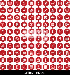 100 pensil icons hexagon red Stock Vector