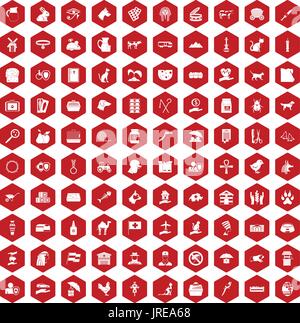 100 pets icons hexagon red Stock Vector