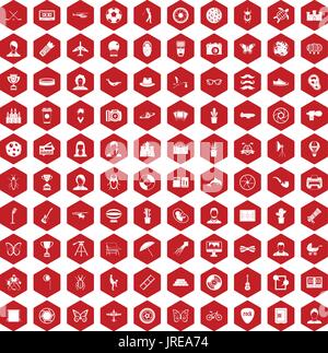 100 photo icons hexagon red Stock Vector
