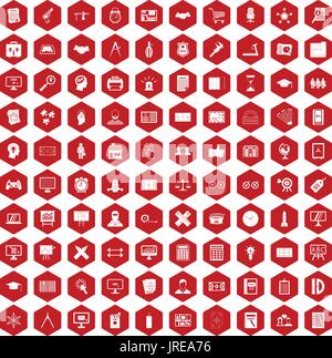 100 plan icons hexagon red Stock Vector