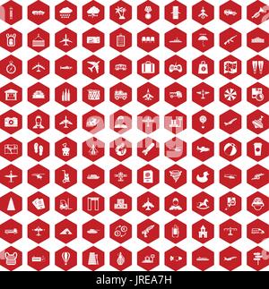 100 plane icons hexagon red Stock Vector