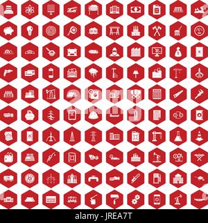 100 plant icons hexagon red Stock Vector