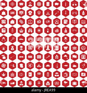 100 police icons hexagon red Stock Vector