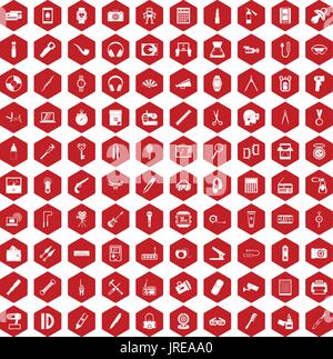 100 portable icons hexagon red Stock Vector