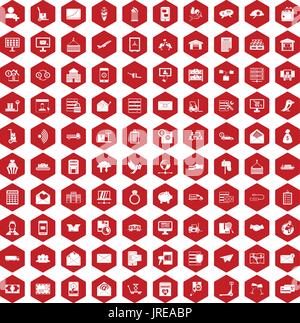 100 postal service icons hexagon red Stock Vector