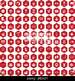 100 preschool education icons hexagon red Stock Vector