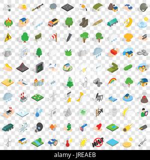 100 fire icons set, isometric 3d style Stock Vector
