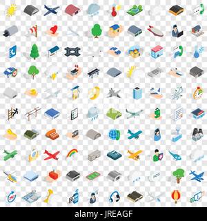 100 flight aviation icons set, isometric 3d style Stock Vector