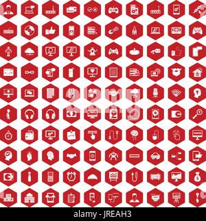 100 programmer icons hexagon red Stock Vector