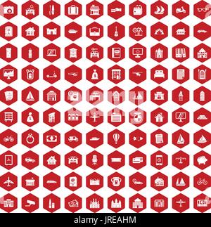 100 property icons hexagon red Stock Vector