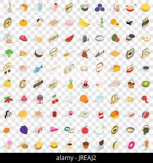 100 food and cooking icons set, isometric 3d style Stock Vector