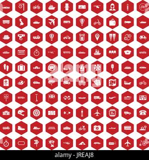 100 public transport icons hexagon red Stock Vector