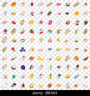 100 food and kitchen icons set, isometric 3d style Stock Vector