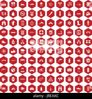 100 rafting icons hexagon red Stock Vector