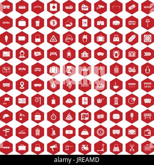 100 railway icons hexagon red Stock Vector