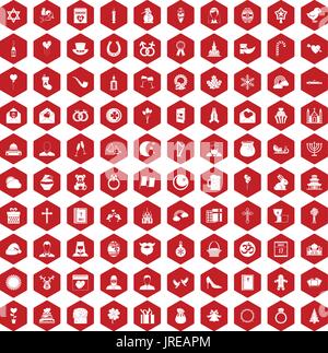 100 religious festival icons hexagon red Stock Vector