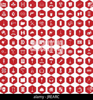 100 renovation icons hexagon red Stock Vector