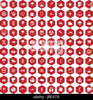 100 research icons hexagon red Stock Vector
