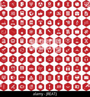100 researcher science icons hexagon red Stock Vector