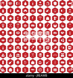100 restaurant icons hexagon red Stock Vector