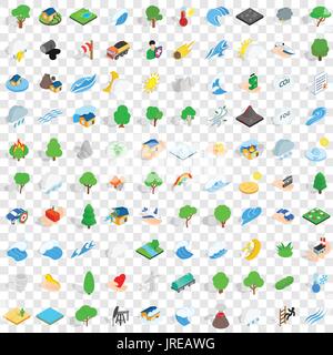 100 global warming icons set, isometric 3d style Stock Vector
