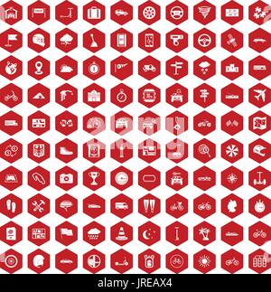 100 ride icons hexagon red Stock Vector