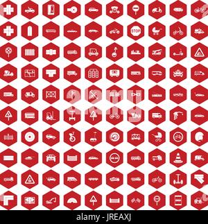 100 road icons hexagon red Stock Vector