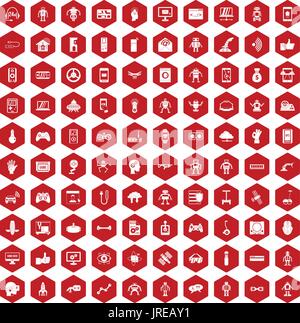 100 robot icons hexagon red Stock Vector