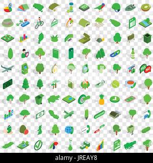 100 green icons set, isometric 3d style Stock Vector