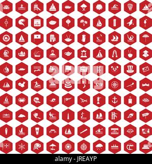 100 sailing vessel icons hexagon red Stock Vector